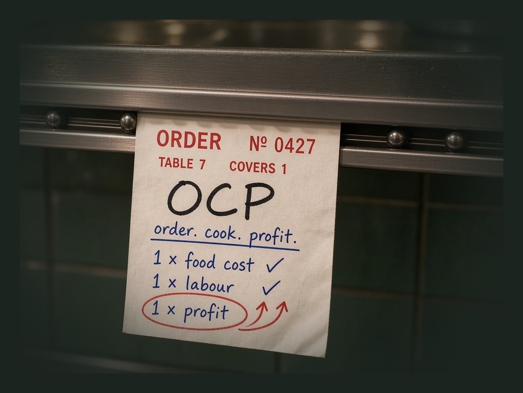 Order ticket on the kitchen rail